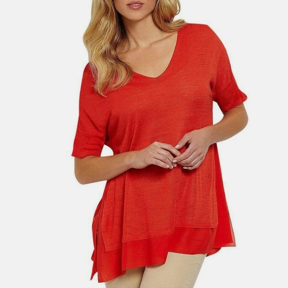Eileen Fisher Firefly Red 100% Silk Tussah V-Neck Boxy Blouse Chiffon Trim